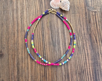 Pink Navy Heishi Bead Necklace 18k Gold Plated Jewellery - BOHOSEASON