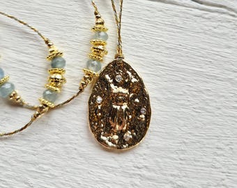 Beaded Cord Necklace 18k Gold Plated Aqua Jade Scarab Beetle Pendant - BOHOSEASON