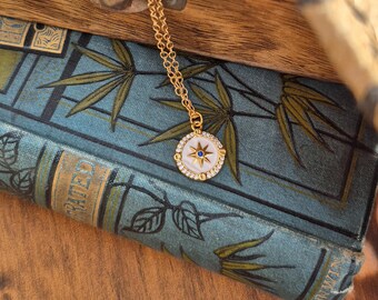 White Enamel Compass Pendant Necklace 18k Gold Plated Chain - BOHOSEASON