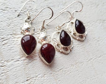 Gemstone Earrings Red Onyx Teardrop Shaped Drops Pierced 925 Silver Plated Choose - BOHOSEASON