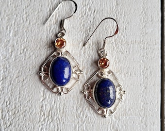 Earrings Lapis Lazuli Oval Gemstone Drops 925 Silver Plated Pierced - BOHOSEASON