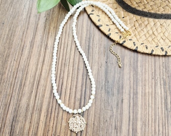White Coin Pendant Necklace Beaded 18k Gold Plated - BOHOSEASON