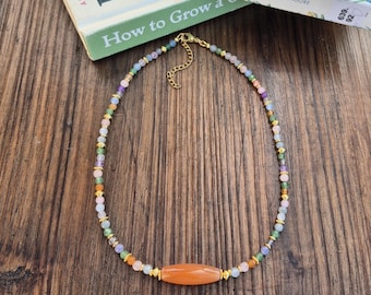Orange Agate Gemstone Necklace 18k Gold Plated Beads Boho Necklace - BOHOSEASON