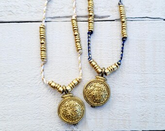 Locket Pendant Cord Necklace Brass Beads Blue or White 70cm - BOHOSEASON