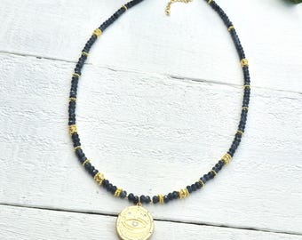 Marine Blue Gemstone Evil Eye Pendant Necklace 18k Gold Plated Malaysian Jade- BOHOSEASON
