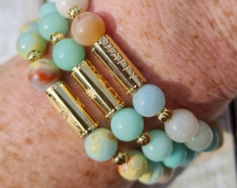 8mm Gemstone Beaded Bracelets 18K Gold Plated Beads choose from Aquamarine Amazonite Aqua Sediment Jasper - BOHOSEASON