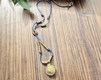 Locket Pendant Blue Cord Necklace Brass Beads 70cm - BOHOSEASON