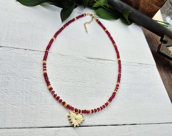 Crimson Red Gemstone Heart Pendant Necklace 18k Gold Plated Malaysian Jade- BOHOSEASON