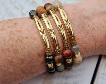 8mm Gemstone Beaded Bracelets 18K Gold Plated Beads choose from Sunstone Picasso Jaspers Pyrite - BOHOSEASON