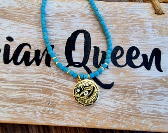 Turquoise Evil Eye Pendant Necklace Beaded 18k Gold Plated - BOHOSEASON