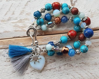 Boho Bracelet Turquoise Opalite Blue Agate Aquamarine Wooden and Gemstone Beads, Tassels Heart Charm - BOHOSEASON