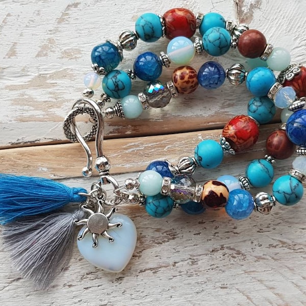 Boho Bracelet Turquoise Opalite Bleu Agate Aquamarine Perles en bois et pierres précieuses, Glands Coeur Charm - BOHOSEASON