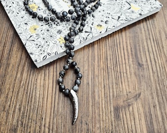Labradorite and Steel Beaded Necklace Stainless Steel Tooth Pendant Non Tarnish - BOHOSEASON