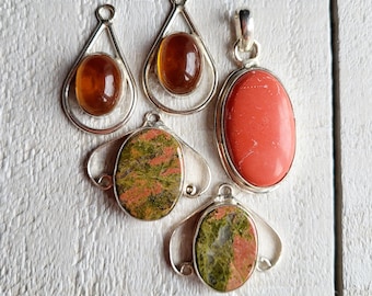 Gemstone Pendants Topaz Coral Unakite Earring Findings Oval Teardrop choose - BOHOSEASON