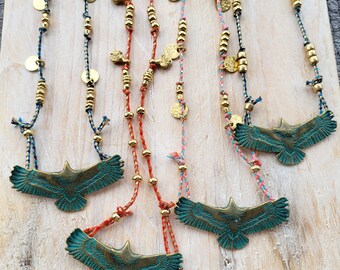 Eagle Pendant Cord Necklace Brass Beads Coins Charms - BOHOSEASON