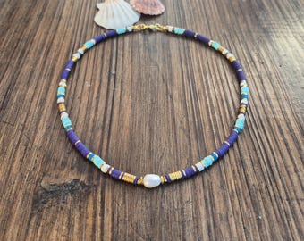 Blue Heishi Freshwater Pearl Necklace 18k Gold Plated Jewellery - BOHOSEASON