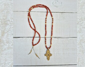 Red Jasper Boho Necklace and Brass Beaded Coptic Cross Pendant - BOHOSEASON