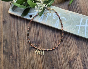 Boho Gemstone Necklace Browns Feather Charms 18k Gold Plated Jasper Tigers Eye - BOHOSEASON