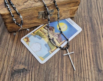 Snowflake obsidian and Steel Gemstone Beaded Boho Necklace Cross Pendant Stainless Steel Black Silver Men Women Unisex - BOHOSEASON