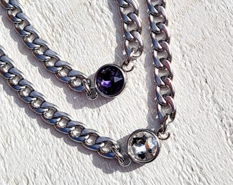 Chunky Stainless Steel Cz Chain Necklace Purple Clear - BOHOSEASON