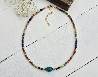 Mixed Agate Gemstone Necklace 18k Gold Plated Greens Orange Blues Browns - BOHOSEASON