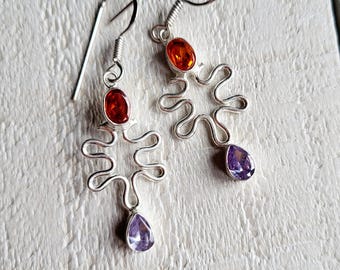Earrings Gemstone Drops Orange Purple 925 Silver Plated Pierced - BOHOSEASON