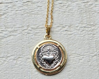 Gold/Silver Sacred Heart Round Pendant Necklace 22" Fine Chain 18k Gold Plated Valentines Day Gift - BOHOSEASON