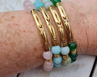 8mm Gemstone Beaded Bracelets 18K Gold Plated Beads choose from Jade Amazonite an Rose Quartz - BOHOSEASON