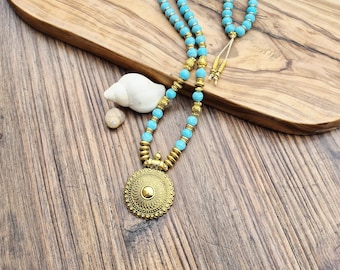 Turqouise Beaded Necklace Gold Pendant Beach Boho Jewellery  - BOHOSEASON