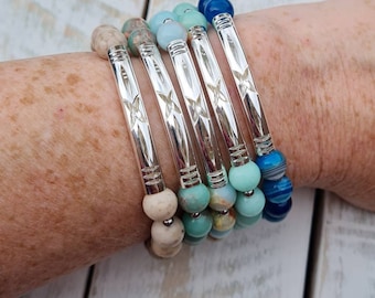8mm Gemstone Beaded Bracelets Stainless Steel Beads choose from Amazonite Imperial Jasper Striped Agate Aquamarine Non Tarnish - BOHOSEASON