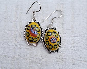 Millifiori Earrings Yellow Glass Oval Drops Pierced 925 Silver Plated- BOHOSEASON