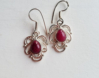 Pink Jade Earrings Gemstones Drops Pierced 925 Silver Plated - BOHOSEASON