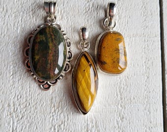 Gemstone Pendants Tigers Eye Zebra Jasper Browns Oval Leaf choose- BOHOSEASON