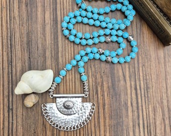 Turquoise Beaded Boho Necklace Large Silver Pendant - BOHOSEASON