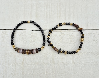 2x Gemstone Glass Bracelets 4mm Brass Shell Bead - BOHOSEASON