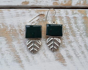 Green Onyx Gemstone Earrings Rectangular 925 Silver Plated Drops Pierced - BOHOSEASON