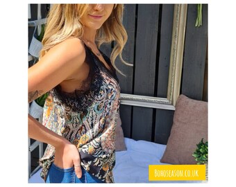 Paisley Satin Camisole Strappy Vest Top Black Lace V-neck - Bohoseason