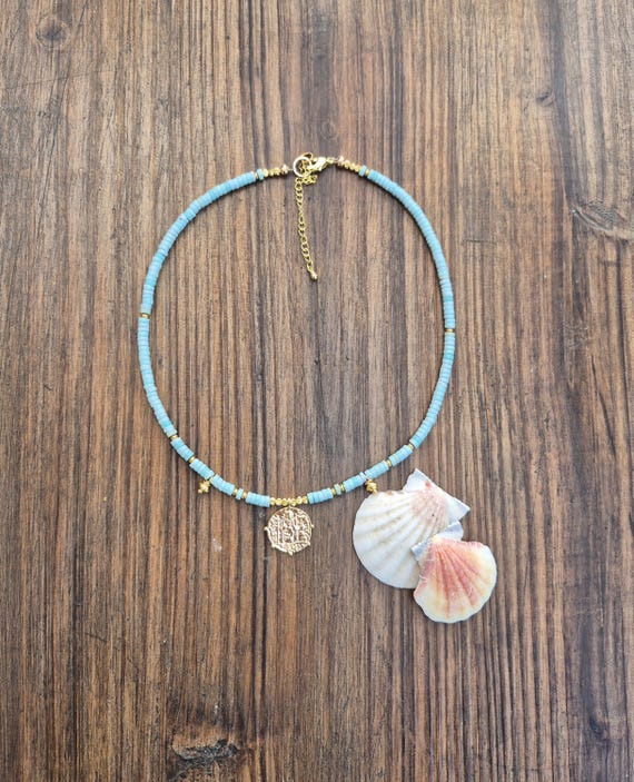 Light Blue Heishi Bead Necklace 18k Gold Plated Spacers Pendant - BOHOSEASON