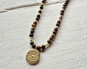 Lotus Flower Pendant Necklaces Picasso Jasper Beads 70cm - BOHOSEASON