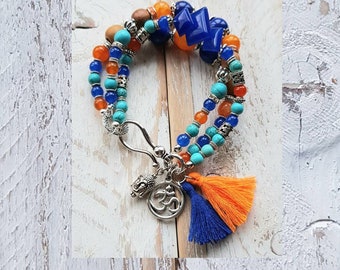 Boho Bracelet Gemstone Beads  Turquoise Blue & Orange Agate Tassels Om Buddah Charms - BOHOSEASON