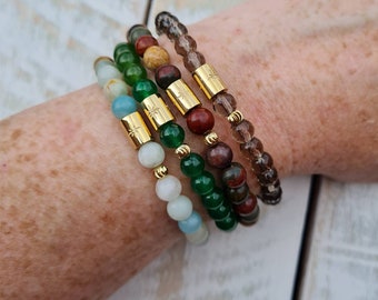 6mm Gemstone Beaded Bracelets 18K Gold Plated Beads choose from Jade Smoky Quartz Picasso Jasper Amazonite BOHOSEASON