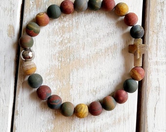 Mens Boho Bracelet Cross 8mm Matte Picasso Jasper Gemstone Beads Stainless Steel - BOHOSEASON