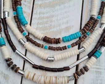 Aquamarine Heishi Beads Boho Necklaces Aqua Brown Cream Turquoise Shells Silver Spacers - BOHOSEASON
