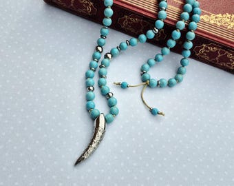 Turquoise Beaded Necklace Stainless Steel Tooth Pendant Non Tarnish - BOHOSEASON