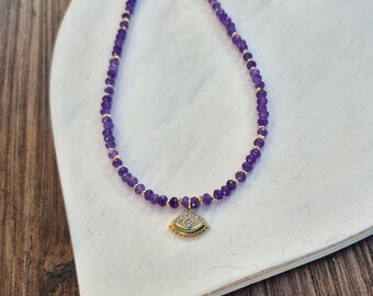 Purple Gemstone Evil Eye Pendant Necklace 18k Gold Plated Malaysian Jade- BOHOSEASON