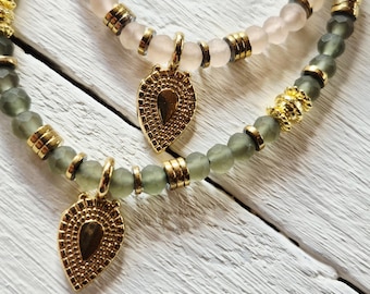 Seaglass Beaded Necklace 18k Gold Plated Pendant Beads 60cm - BOHOSEASON