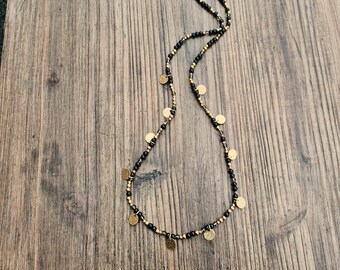 Black Coin Charm Brass Glass Beaded Necklace Boho Jewellery  - BOHOSEASON