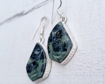 Kambaba Jasper Green Gemstone Earrings Stone Drops Pierced - BOHOSEASON