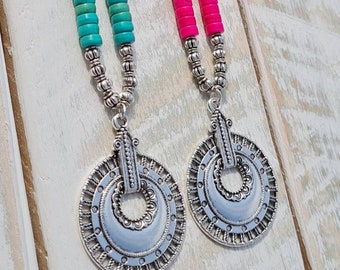 Pink or Turquoise Heishi Beads Silver Spacers Pendant Boho Necklace - BOHOSEASON