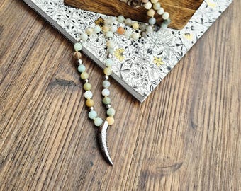 Amazonite and Steel Beaded Necklace Stainless Steel Tooth Pendant Non Tarnish - BOHOSEASON